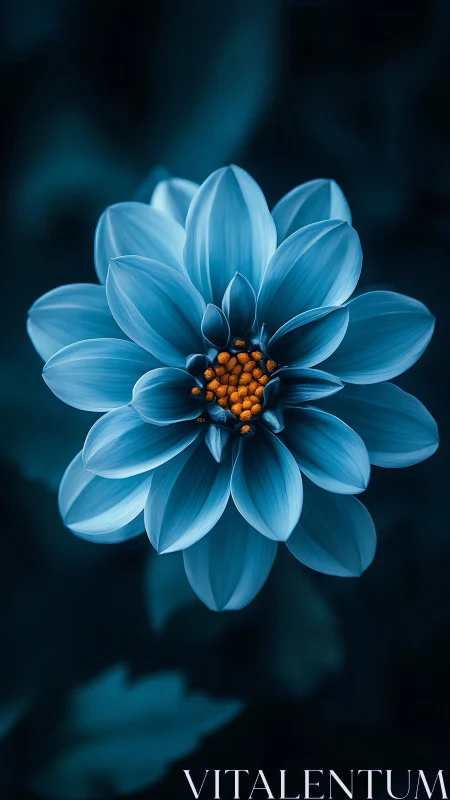 Blue dahlia specimen with orange stamen center.