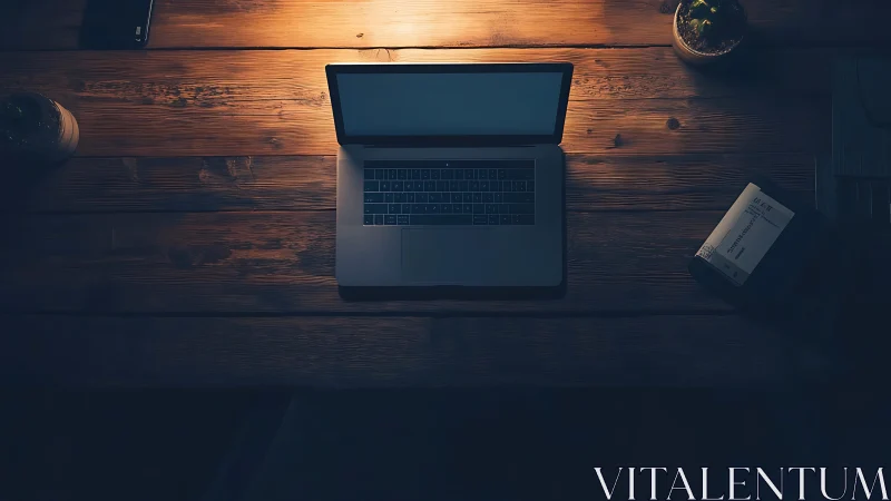 Overhead view shows open laptop on wooden desk at night