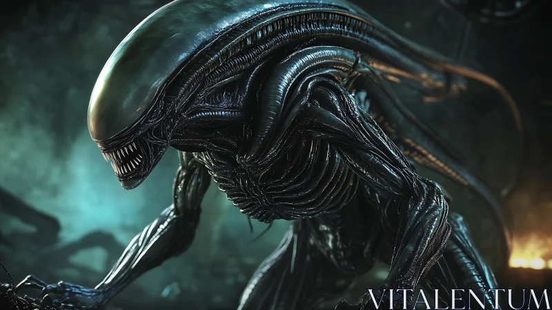 Sleek biomechanical creature prowls through a dim alien lair