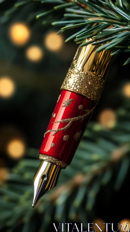 Red lacquer fountain pen with gold festive detailing.