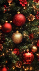 Red and gold ornaments hanging on a lit Christmas tree.