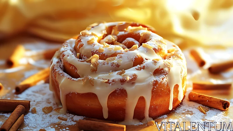 Iced cinnamon roll pastry sits on sugared surface in light