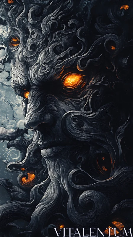 Volcanic arboreal titan with incandescent ocular vortices.