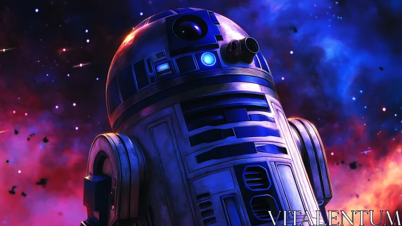 Stargazing astromech tilts toward a neon-streaked cosmos