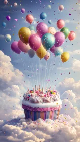 Ethereal Cupcake with Suspended Balloons Against Clouded Sky