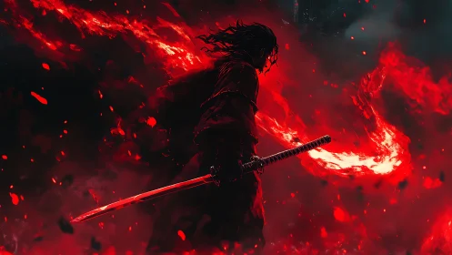 Dark warrior with flaming sword in red inferno scene.