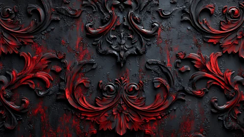 Digital relief pattern shows red and black ornamental scrollwork