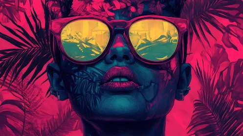 Neon tropical portrait renders reflective sunglasses in profile
