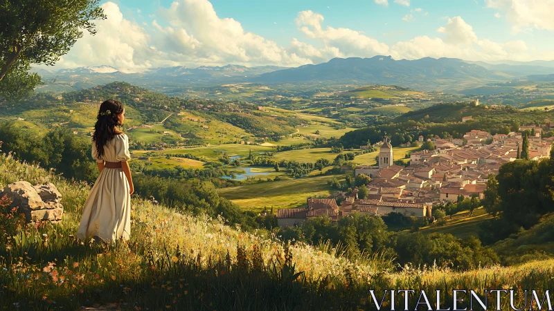 Sunlit girl overlooks a dream-bright Tuscan hilltop town.