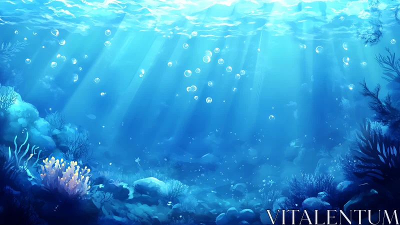 Sunlit underwater seascape with coral and drifting bubbles.