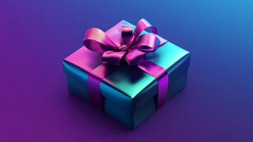 Vibrant teal gift box glows against a dreamy gradient backdrop