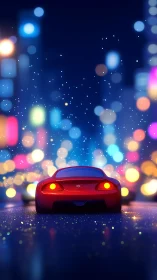Red sports coupe under shallow depth bokeh in neon night city