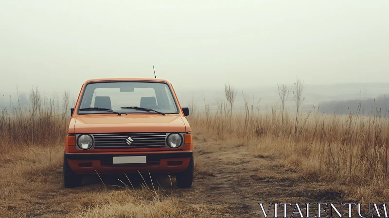 Vintage orange Suzuki parked in misty dry field landscape.