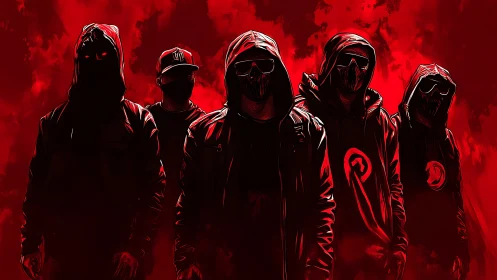 Masked urban hacker collective in high-contrast red chaos.