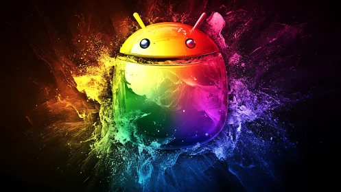 Color-splashed android mascot bursting with rainbow energy.