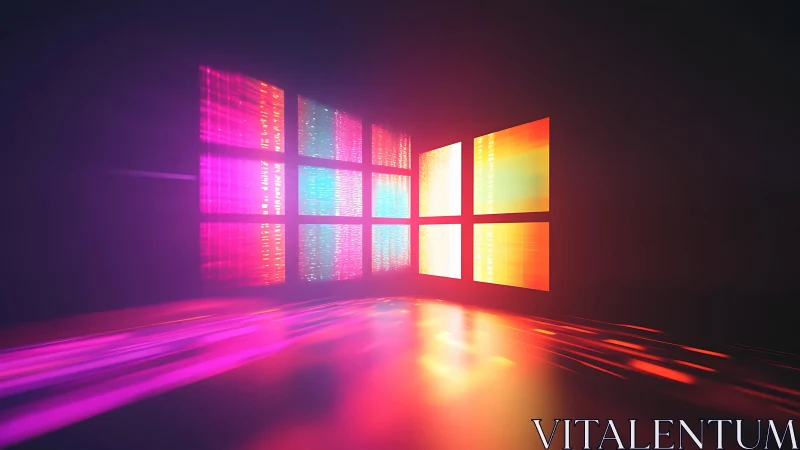 Glowing data window grid projects neon light trails across floor