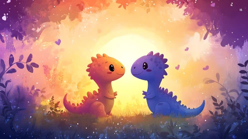 Biped cartoon dinosaur pair in backlit heart shaped forest portal