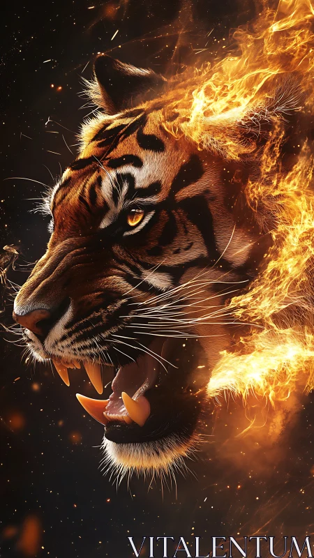 Fiery tiger head erupts from darkness in blazing motion.
