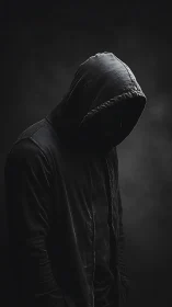 Hooded figure in deep shadow stands against dark background