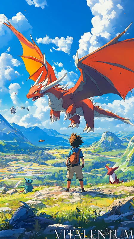Anime landscape showdown with soaring crimson dragon guardian.