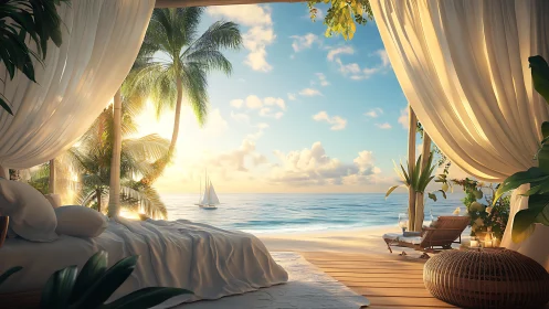 Sunlit tropical bedroom opens to a tranquil luxury beach