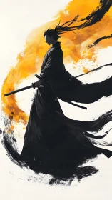 Digital ink samurai silhouette with dynamic brushstroke flare.