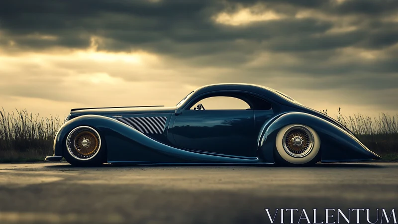 Midnight-blue custom coupe gliding beneath stormy skies.