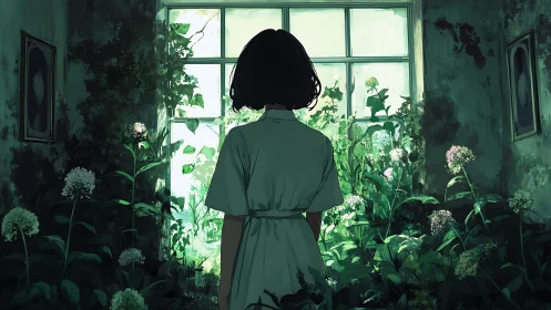 Backlit solitary figure in overgrown interior garden chamber.