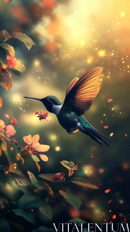 Iridescent hummingbird hovers in bokeh-lit floral atmosphere