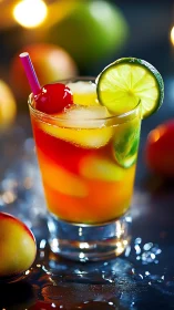 Tropical Citrus Cocktail with Lime and Cherry Garnish.