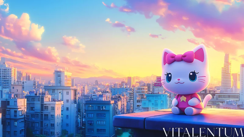 Cartoon cat figure on rooftop above dense cityscape at dusk.