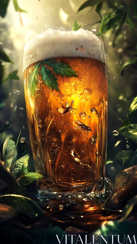 Frothy forest beer glass with insects and glowing amber light.