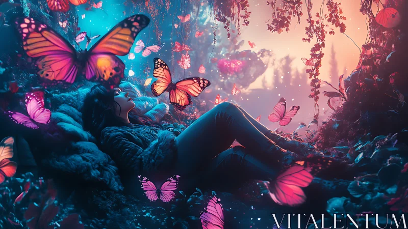 Dreamy forest escape with glowing butterflies at dusk.