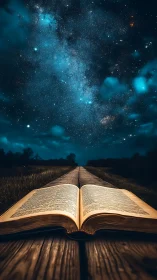Open storybook gently leads into a vast starlit night sky