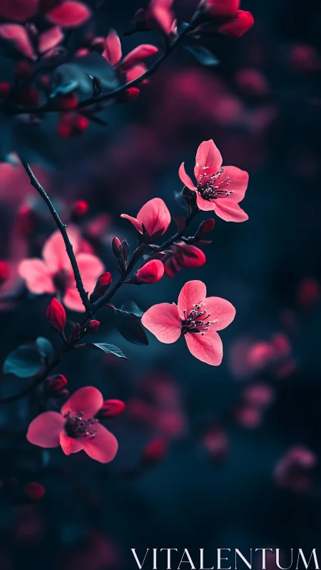 Neon Pink Cherry Blossoms Against Dark Blue Backdrop