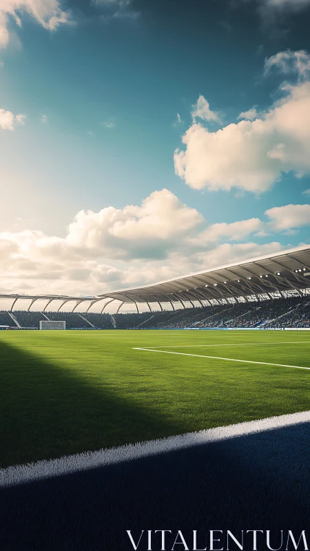 Sunlit football stadium field under expansive blue sky.