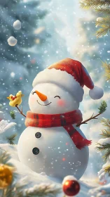 Snowman microclimate portrait with luminous bokeh snowfall.