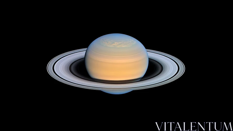 Saturn ring system glows in high-contrast deep space view.