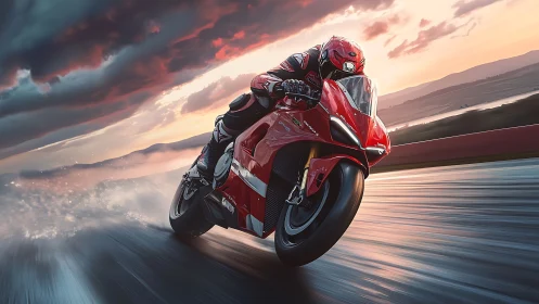 Red superbike races through stormy track at sunset.