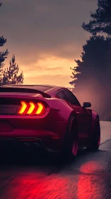 Crimson muscle car hums toward dusk through rainlit forest roads
