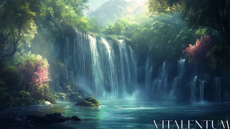 Mystic forest waterfalls cascading into tranquil lagoon.