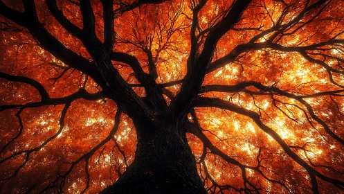 Majestic tree canopy in glowing autumn light, dramatic perspective.