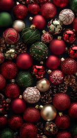 Red, green and gold Christmas ornaments and pine cones
