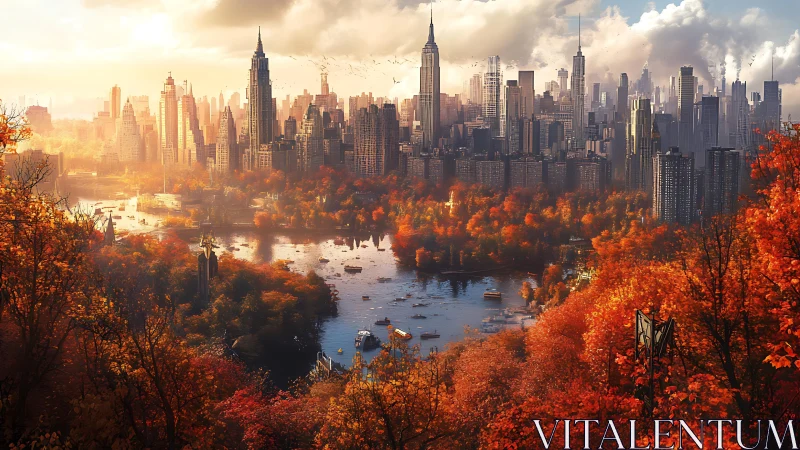 Digital city skyline above autumn lake with dense foliage