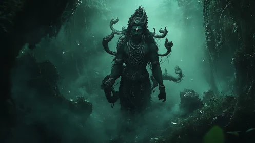 Serpentine forest deity emerging through emerald jungle mist.