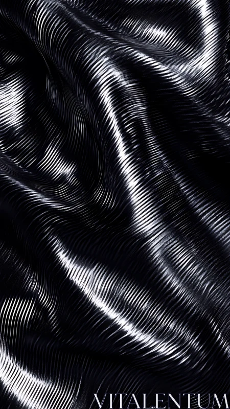 Shimmering silver waves on inky black abstract fabric glow.