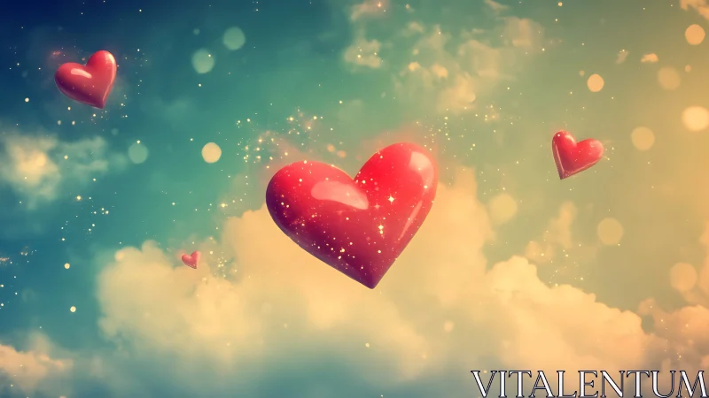 Radiant Red Hearts Floating Through Ethereal Sky. Dreamlike Digital Rendering.