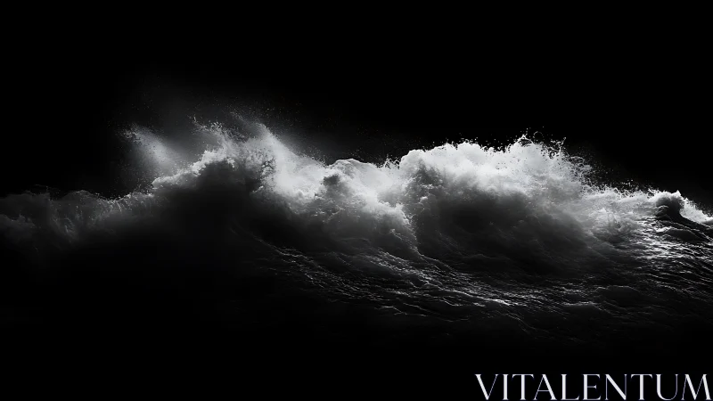 Breaking monochrome wave crest under deep black void.