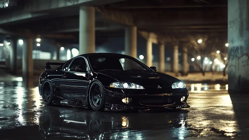 Black modified sports coupe parked on wet concrete at night
