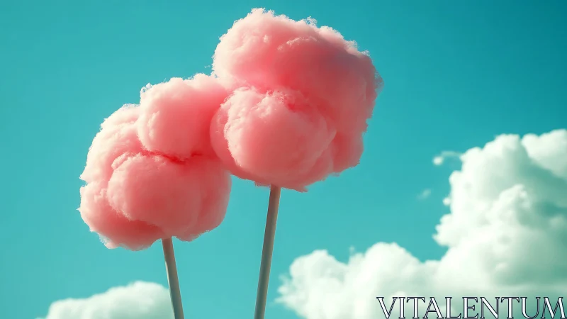 Pink Cotton Flowers Against Turquoise Sky with White Clouds.